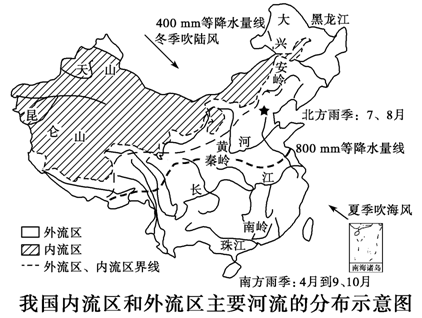 (10分) 材料一 我国内流区和外流区主要河流的分布示意图