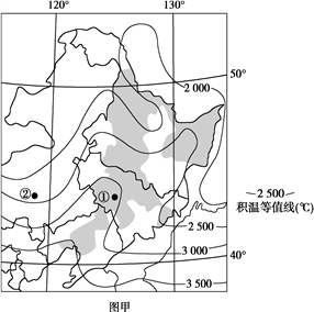 材料一 东北地区≥10 ℃积温和粮食作物(图中阴影)分布图