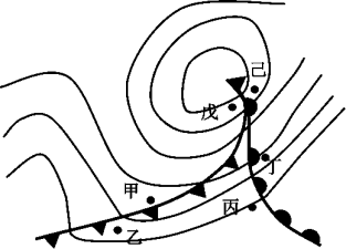 甲地氣壓高於丙地b.乙,丙兩地多陰雨c.丁地風力大於甲地d.